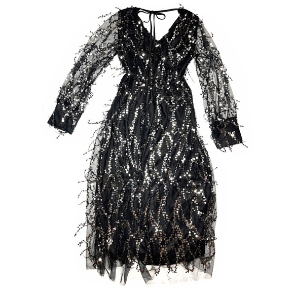 Sheer Black & Silver Mesh Dripping Sequins Long Sleeve Elegant Party Prom Dress - Picture 4 of 6